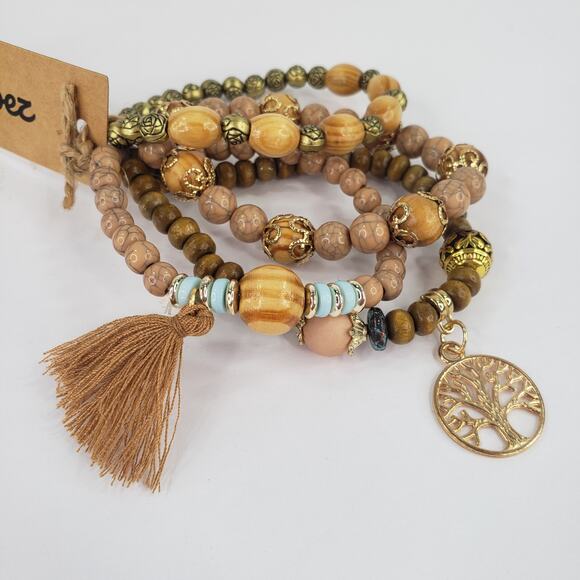 4 pc Stretch BOHO Brown Beaded Bracelet Earthtones Bohemian Sunshine Vibez - Picture 3 of 8